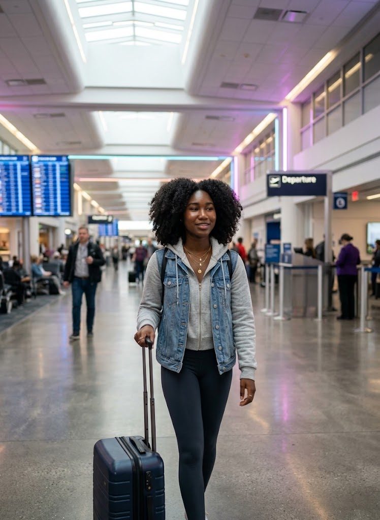 Jeune femme avec une valise dans un hall d'aéroport