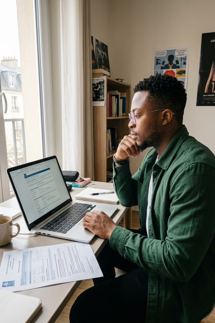 Étudiant concentré devant son ordinateur, remplissant un dossier