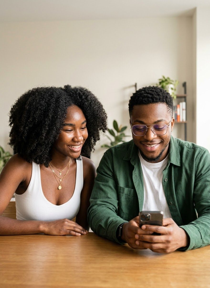 Deux étudiants africains regardant un téléphone ensemble, souriants
