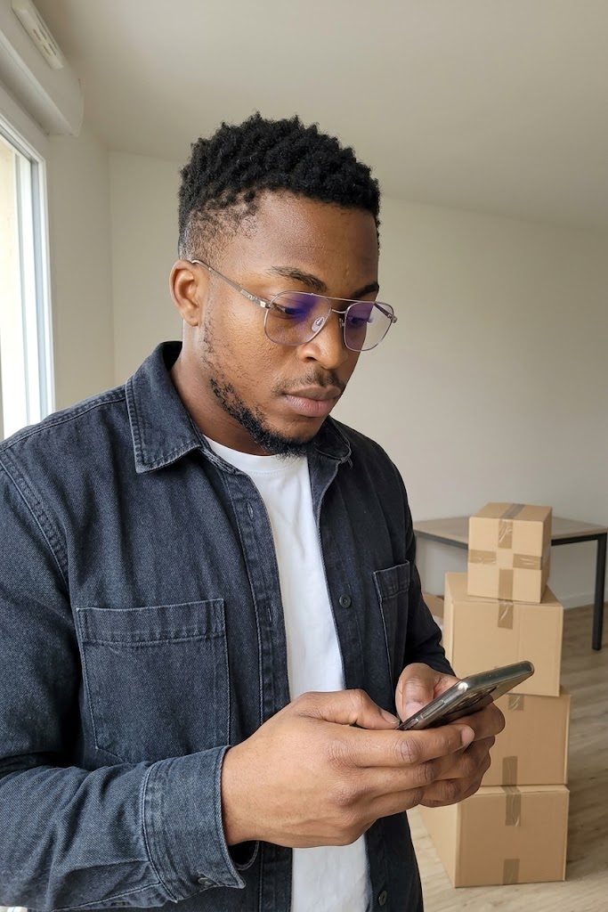 Jeune homme dans un appartement simple, regardant son téléphone