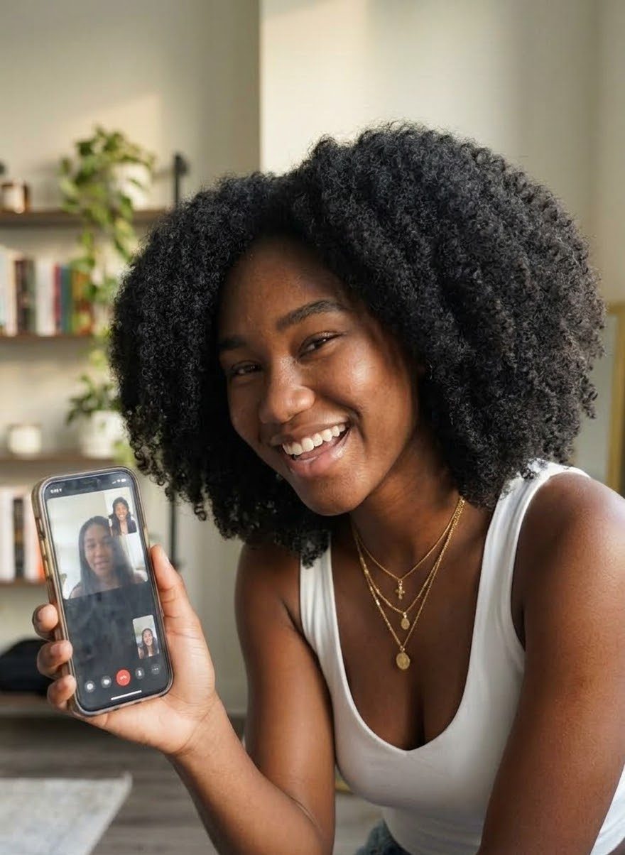 Jeune femme souriante en appel vidéo avec un mentor